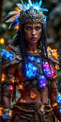 The primary subject of the image is a woman wearing a unique and colorful costume. She is the main focus of the image, and her outfit is the center of attention. The setting is a dark environment, which adds to the overall mood of the image. The visual style is a combination of digital art and illustration, creating a vibrant and eye-catching scene. The colors and mood of the image are predominantly blue and purple, giving the costume a futuristic and otherworldly appearance.